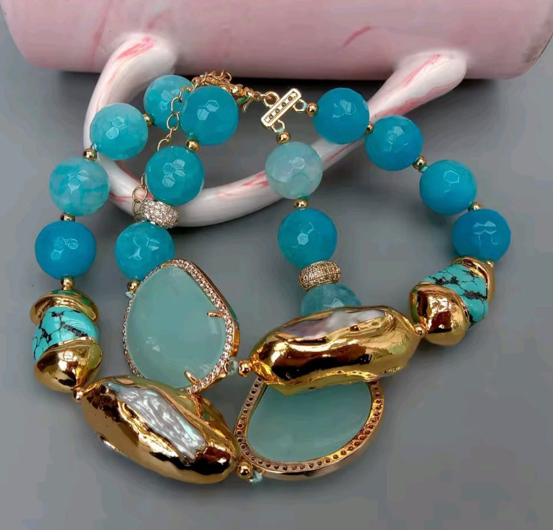 Set Pulsera, Collar, Pantallas Perlas Naturales Cultivadas, Agata Azul Facetada