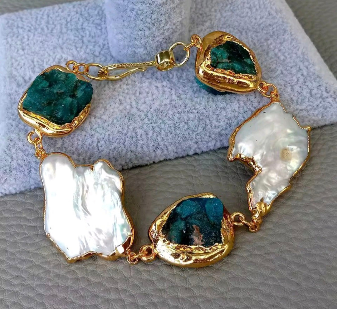 Pulsera Apatita Azul Cultivada Natural, Perla Blanca