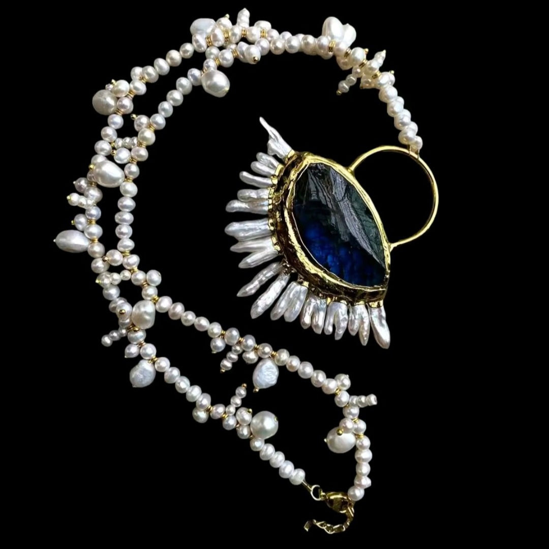 Collar de Perlas Naturales de Agua Dulce Perlas keshi de labradorita azul