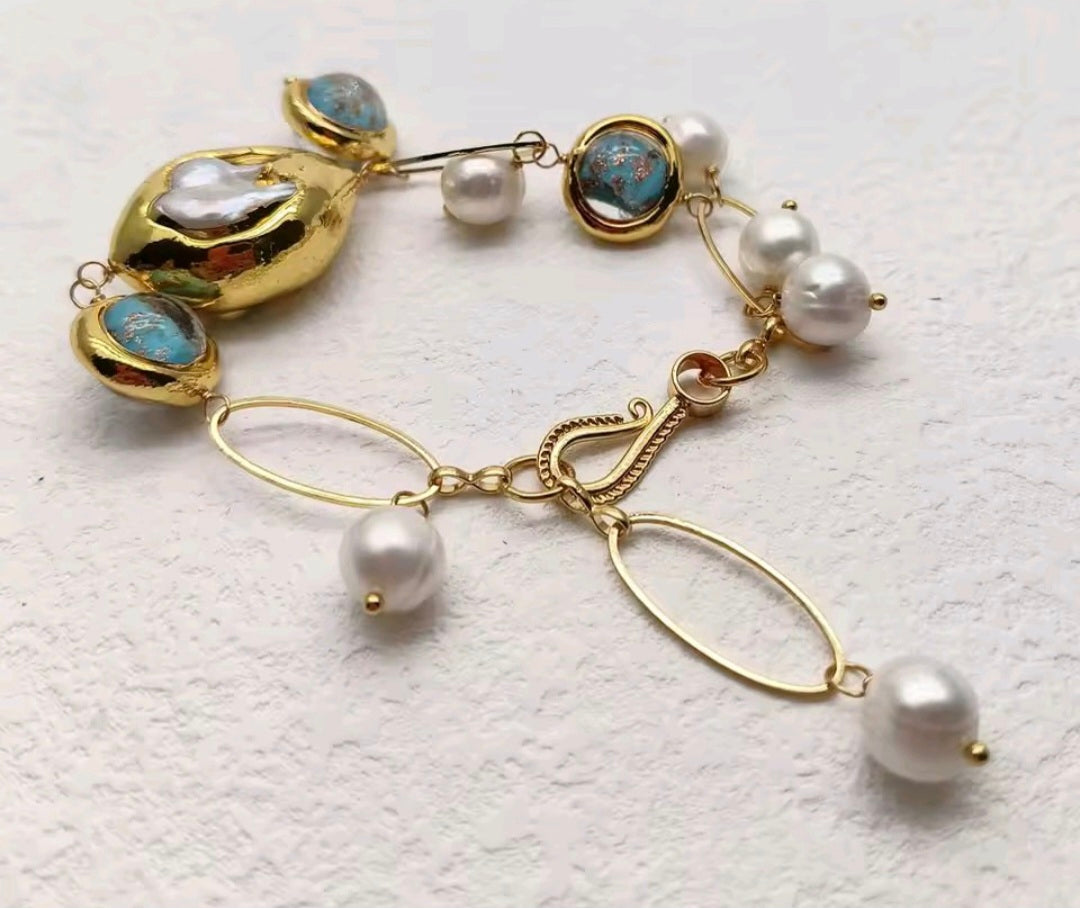 Pulsera cristal Murano Azul concha de Nacar y Perlas Cultivadas Natural