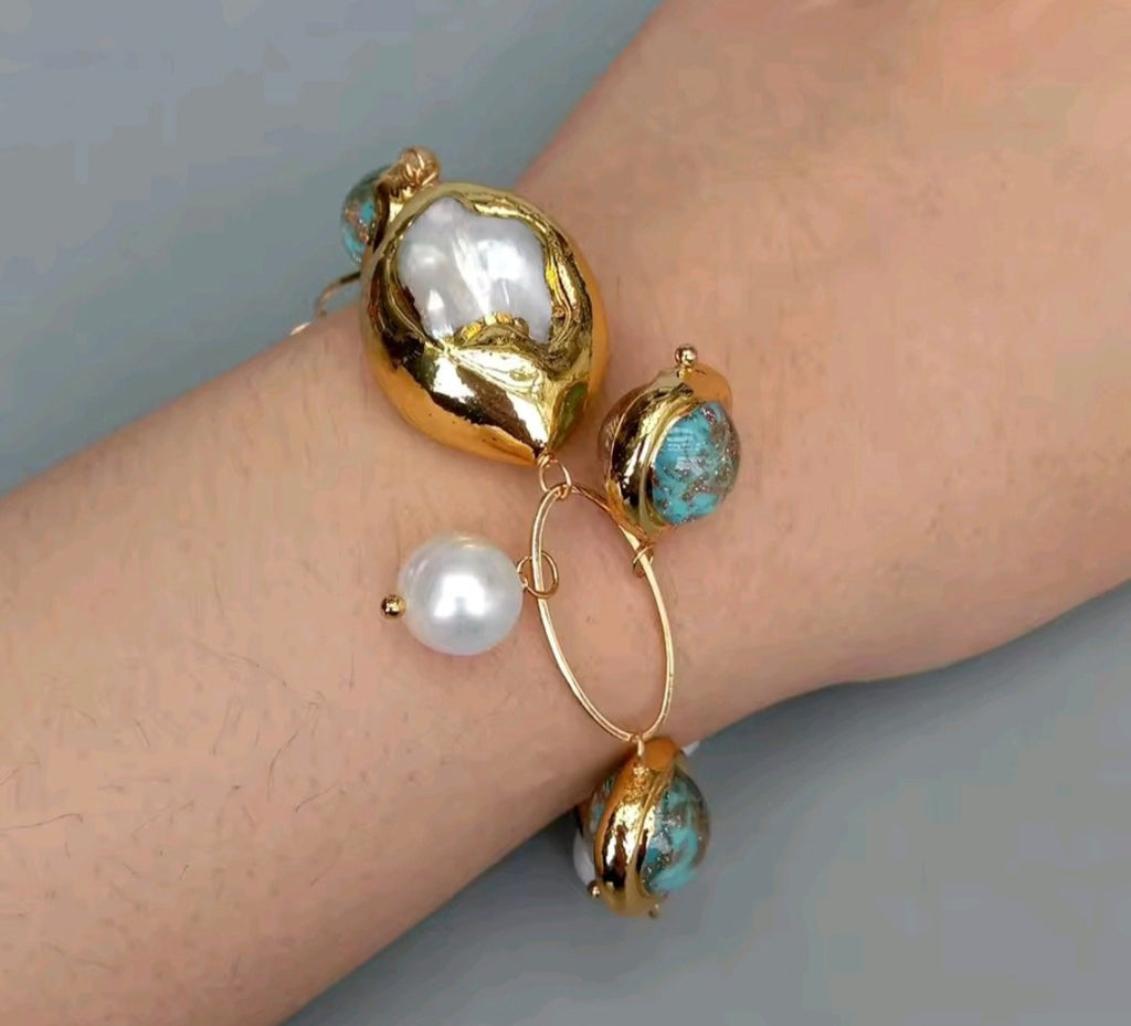 Pulsera cristal Murano Azul concha de Nacar y Perlas Cultivadas Natural