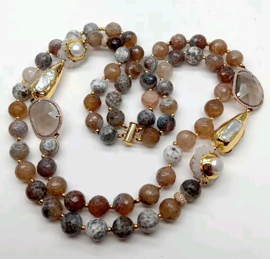Set Collar y Pulsera Agatas de Fuego, Perla, Cuarzo