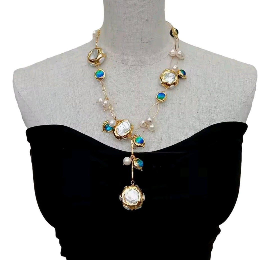 Crital Murano Azul Perlas de Agua Dulce Necklace