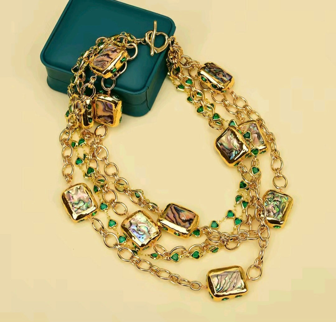 Set Collar y Pulsera Cuentas Envueltas en Cristal Verde y Concha de Abulón Arcoiris Chapado en oro 18k