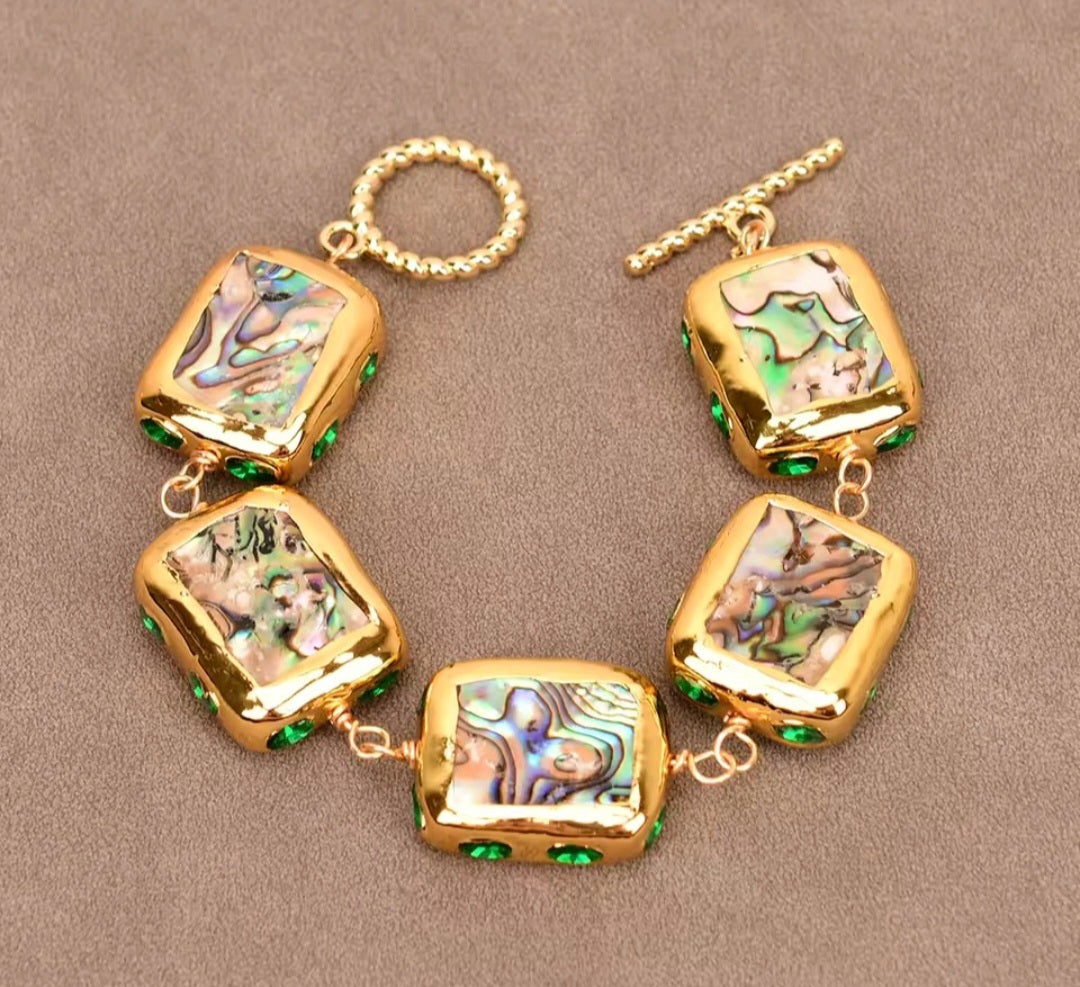 Set Collar y Pulsera Cuentas Envueltas en Cristal Verde y Concha de Abulón Arcoiris Chapado en oro 18k