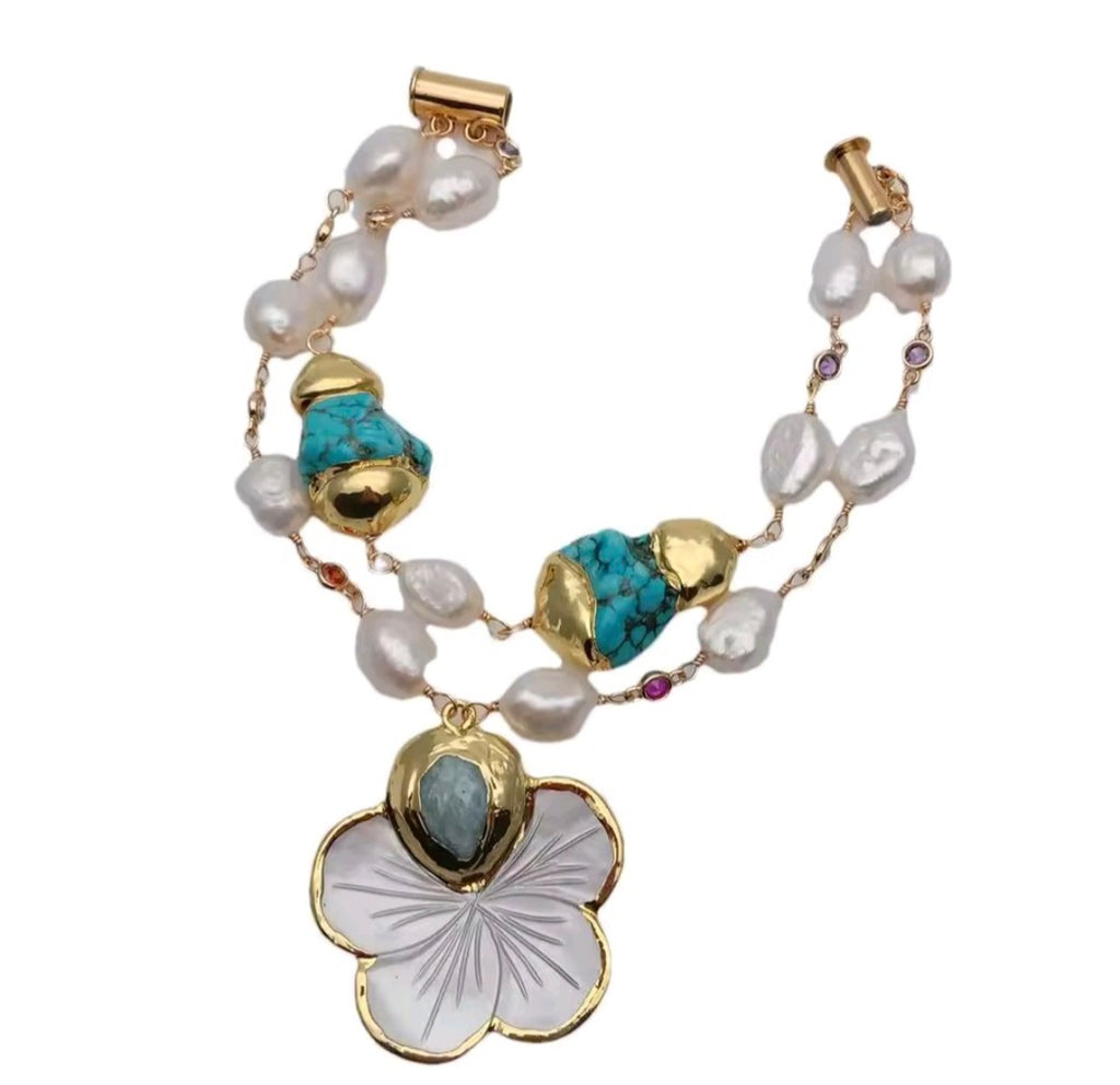 Set Pulsera y Pantalla Shell Flower Perlas Naturales Piedra Turquesa