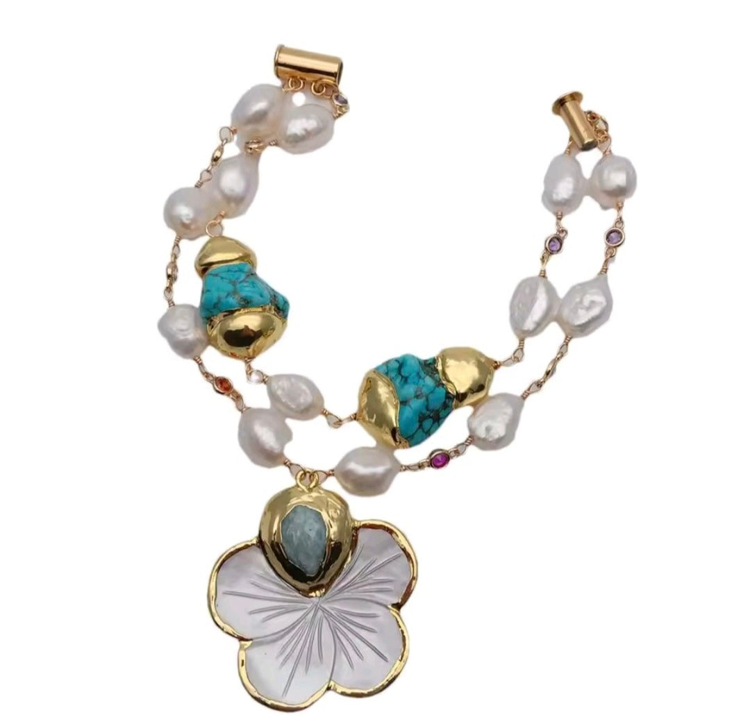 Set Pulsera y Pantalla Shell Flower Perlas Naturales Piedra Turquesa