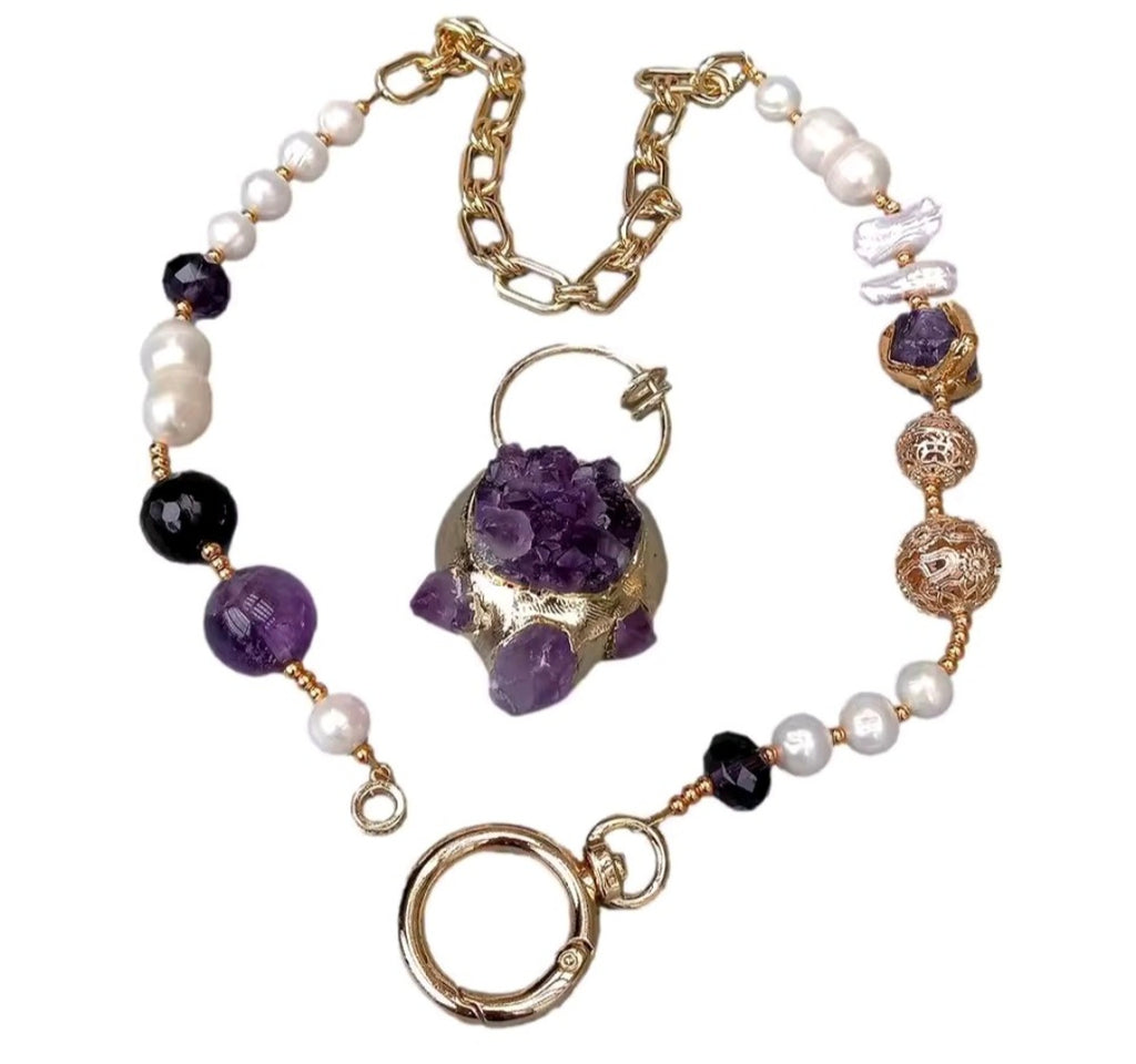 Collar Colgante de Amatista Purpura Natural, Chapado en oro 18k con Perlas Cultivadas Naturales