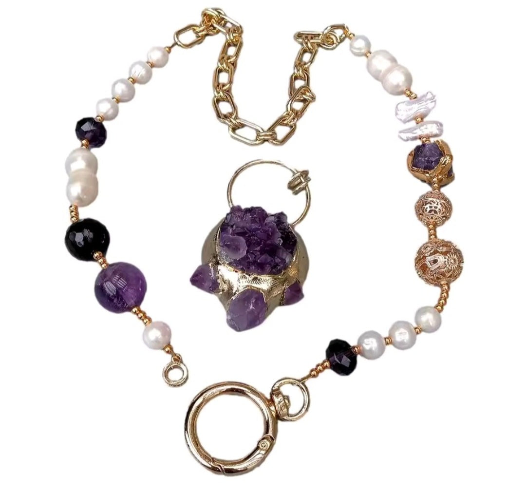 Collar Colgante de Amatista Purpura Natural, Chapado en oro 18k con Perlas Cultivadas Naturales