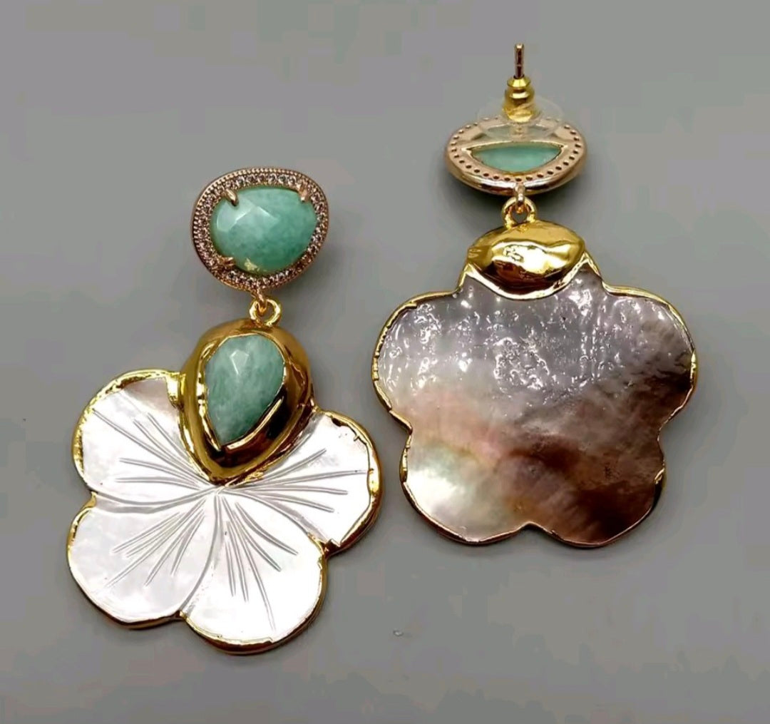 Set Pulsera y Pantalla Shell Flower Perlas Naturales Piedra Turquesa