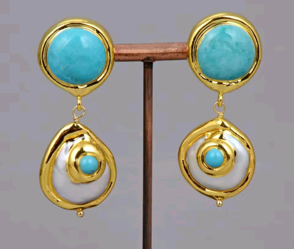 Set Moneda Barroca Cultivada Natural,Perla Natural, Piedra Turquesa
