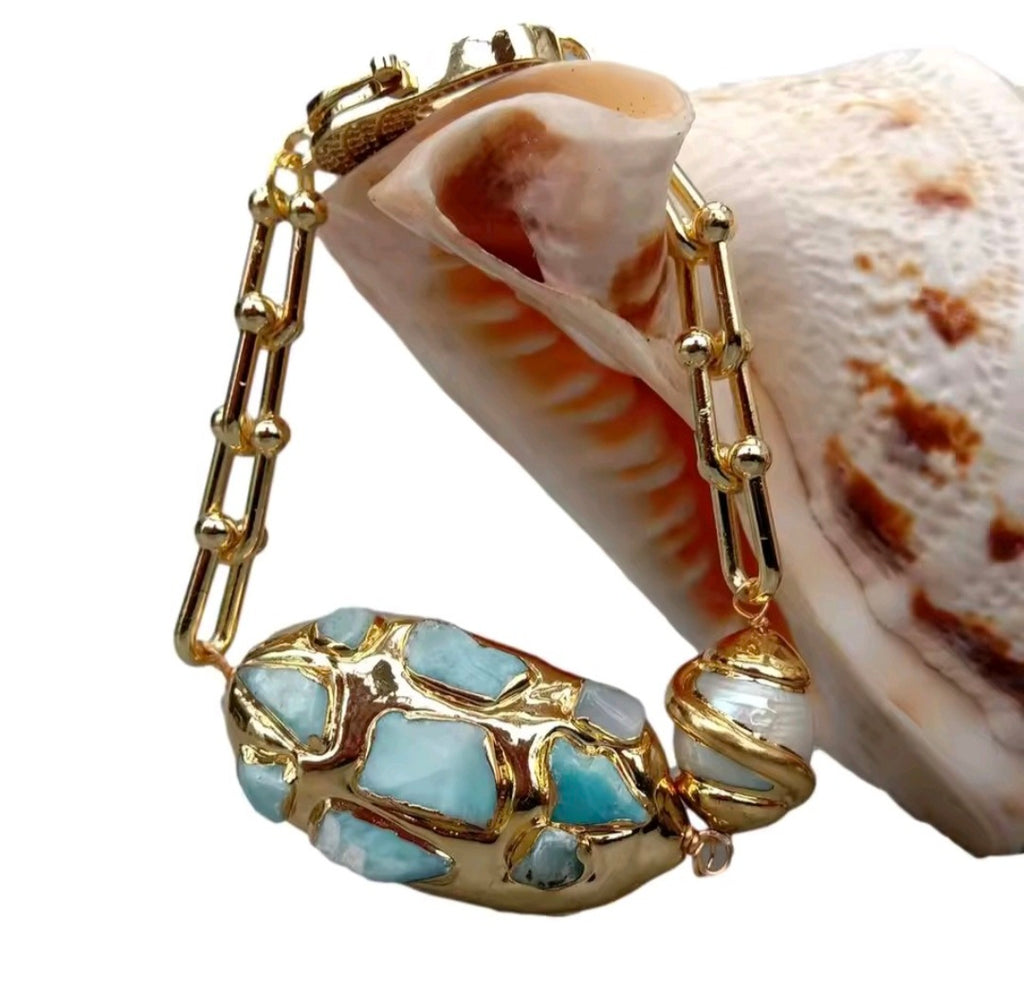Pulsera Chips de Larimar Azul y Perla Natural