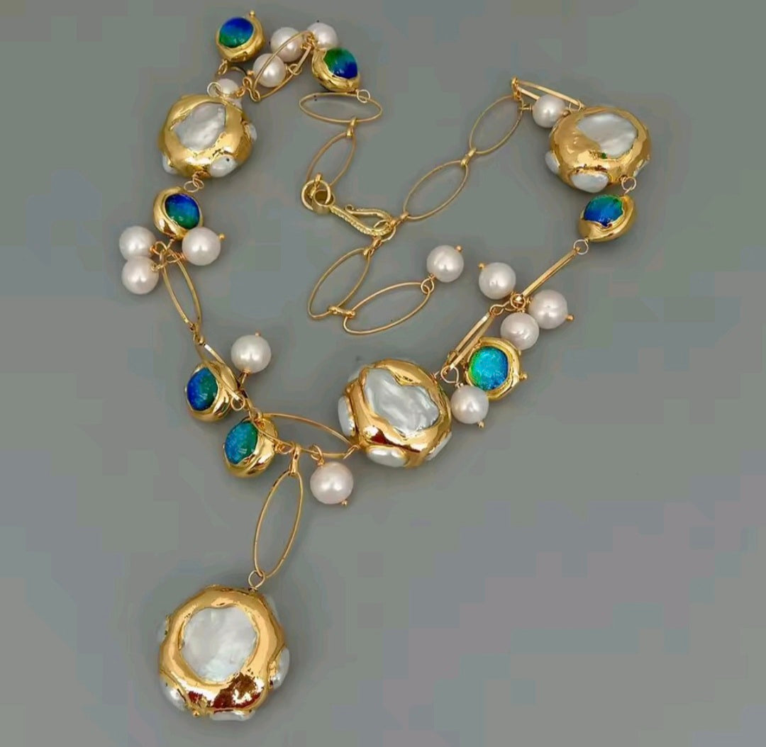 Crital Murano Azul Perlas de Agua Dulce Necklace