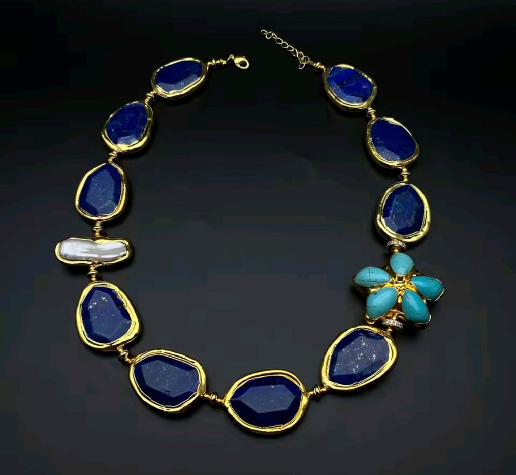 Set Collar y Pulsera Facetado Flor Turquesa