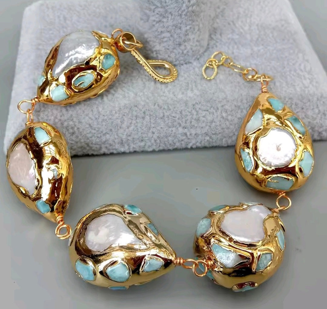 Pulsera Chips De Larimar Azul Perla De Agua Dulce