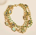 Set Collar y Pulsera Cuentas Envueltas en Cristal Verde y Concha de Abulón Arcoiris Chapado en oro 18k