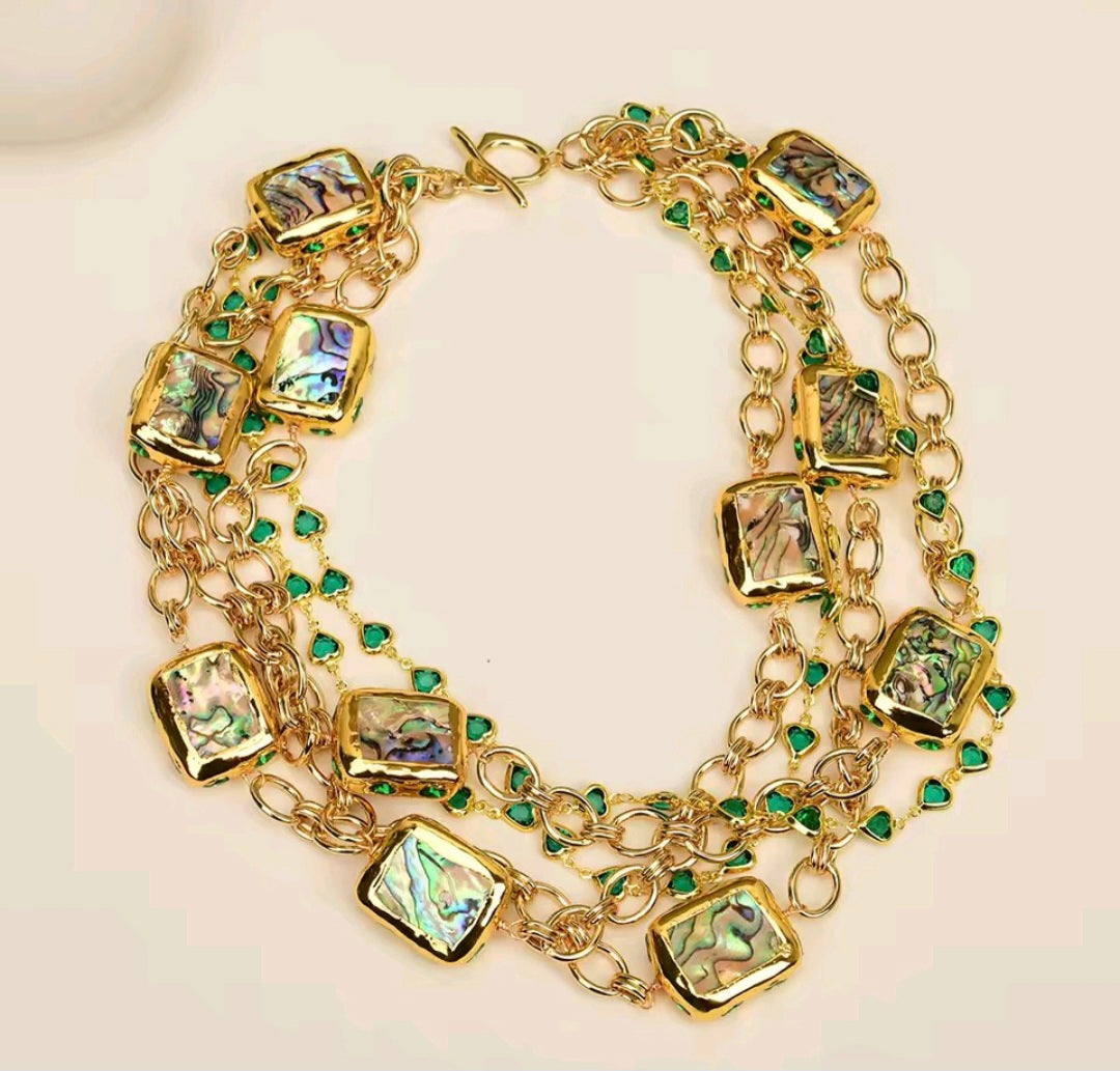 Set Collar y Pulsera Cuentas Envueltas en Cristal Verde y Concha de Abulón Arcoiris Chapado en oro 18k
