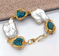 Pulsera Apatita Azul Cultivada Natural, Perla Blanca