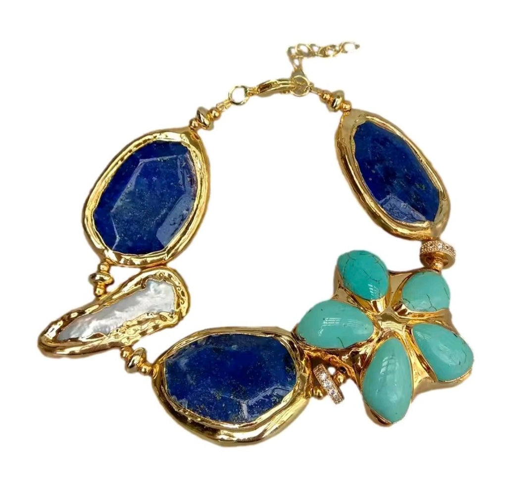 Set Collar y Pulsera Facetado Flor Turquesa