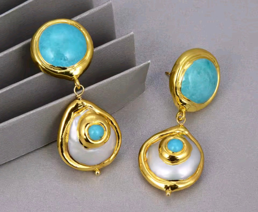 Set Moneda Barroca Cultivada Natural,Perla Natural, Piedra Turquesa