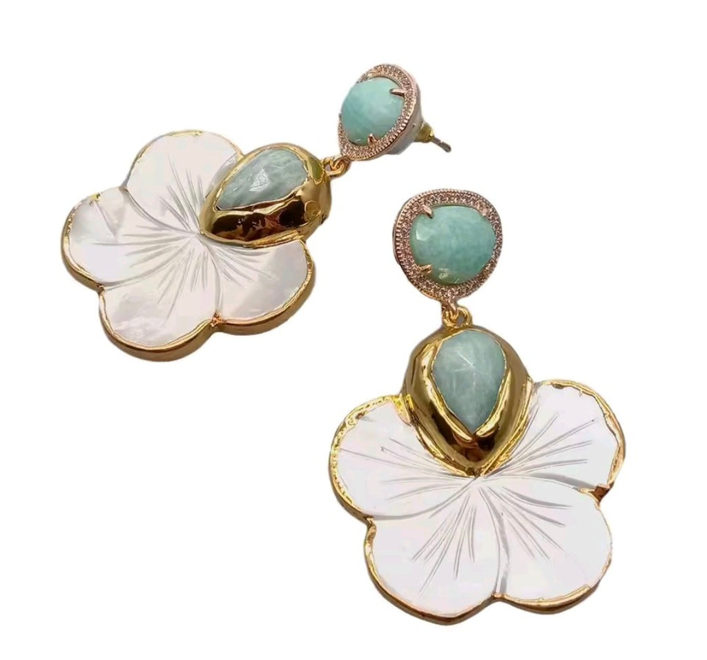 Set Pulsera y Pantalla Shell Flower Perlas Naturales Piedra Turquesa