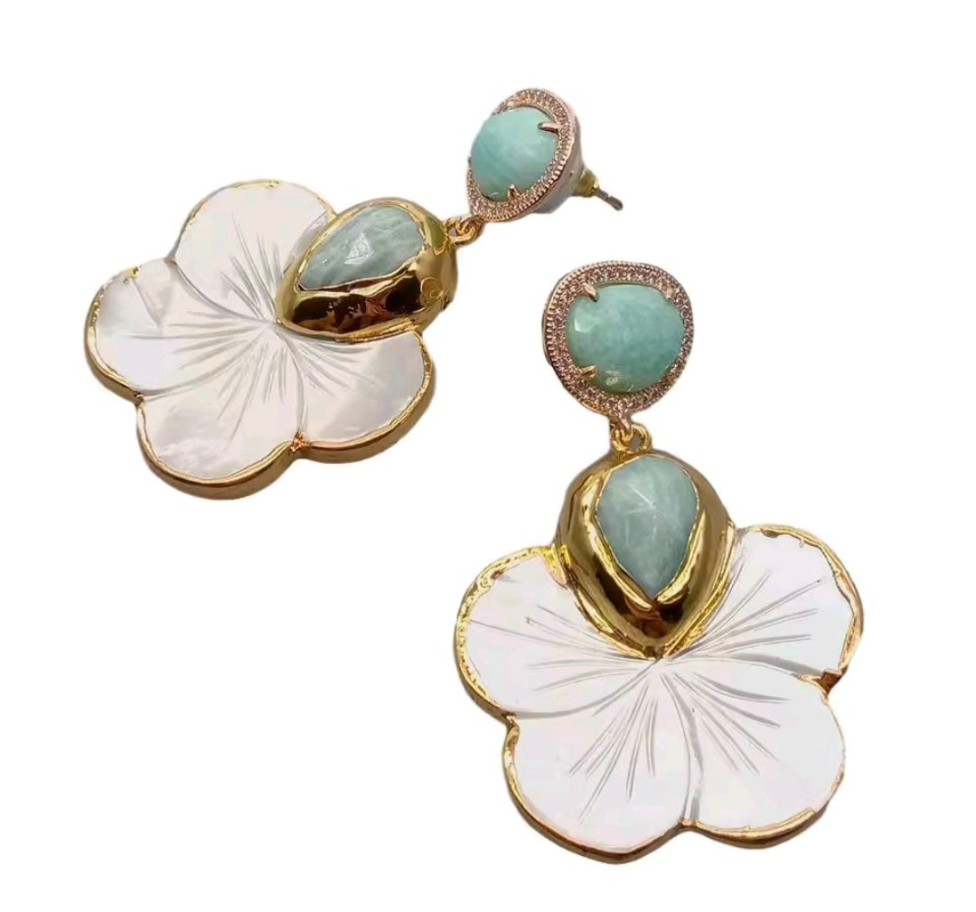 Set Pulsera y Pantalla Shell Flower Perlas Naturales Piedra Turquesa