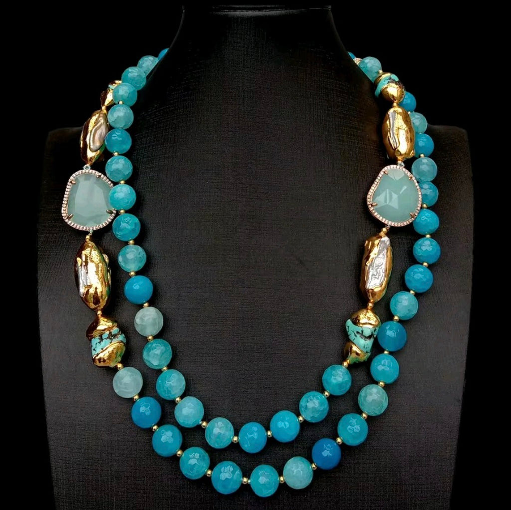Set Pulsera, Collar, Pantallas Perlas Naturales Cultivadas, Agata Azul Facetada