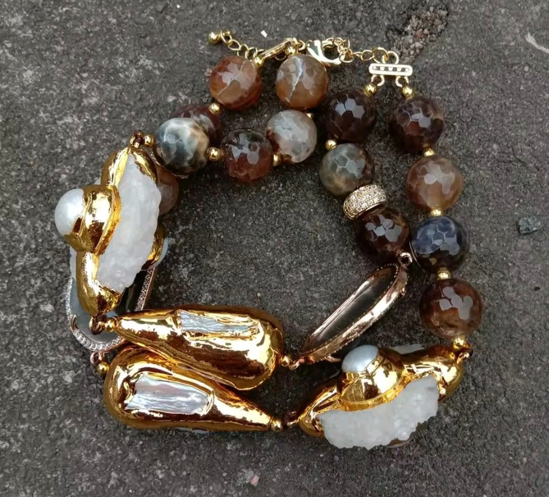 Set Collar y Pulsera Agatas de Fuego, Perla, Cuarzo