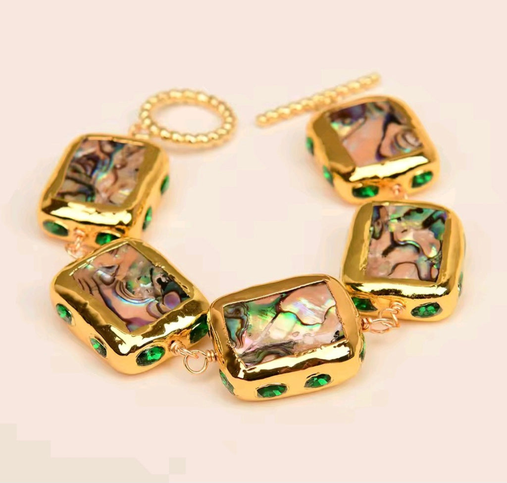 Set Collar y Pulsera Cuentas Envueltas en Cristal Verde y Concha de Abulón Arcoiris Chapado en oro 18k