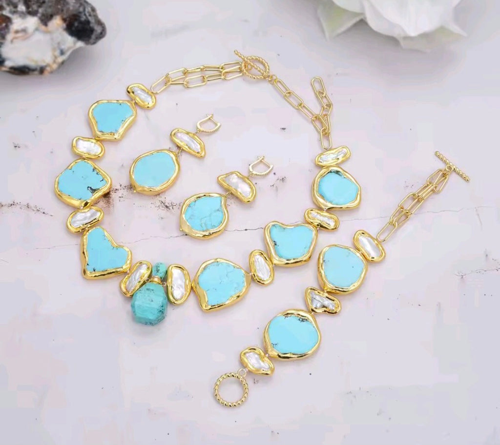 Set Collar, Pulsera y Pantallas Gemas Turquesa, Perlas Naturales