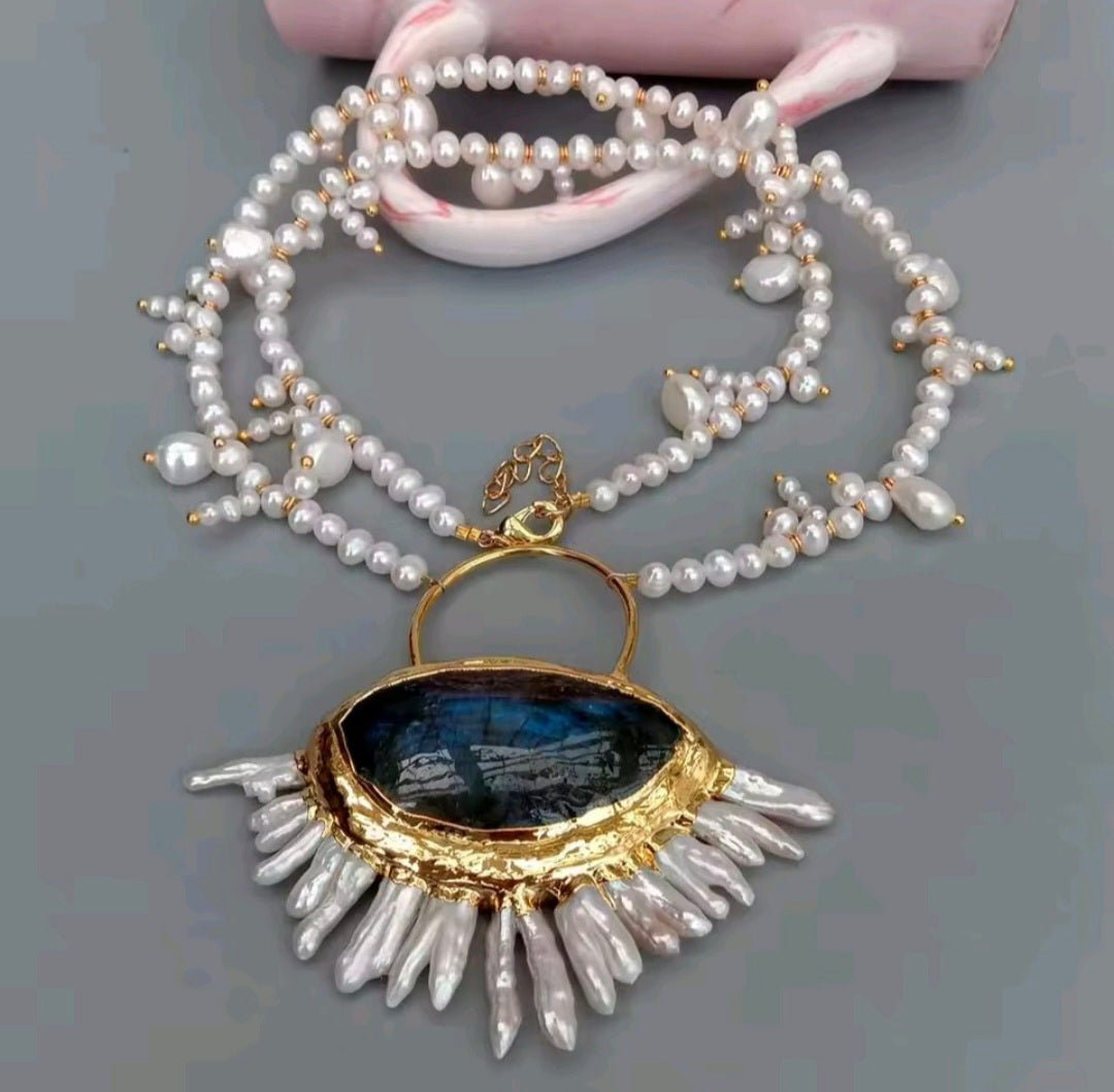 Collar de Perlas Naturales de Agua Dulce Perlas keshi de labradorita azul