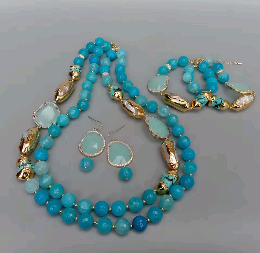 Set Pulsera, Collar, Pantallas Perlas Naturales Cultivadas, Agata Azul Facetada