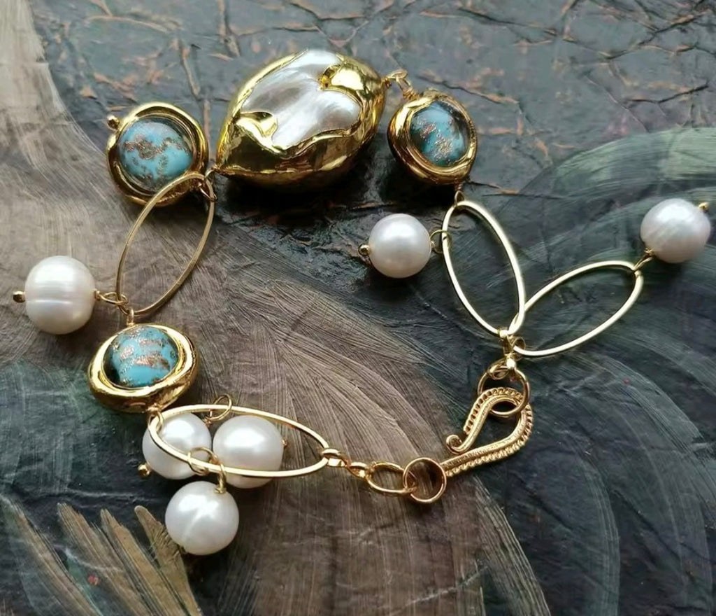 Pulsera cristal Murano Azul concha de Nacar y Perlas Cultivadas Natural