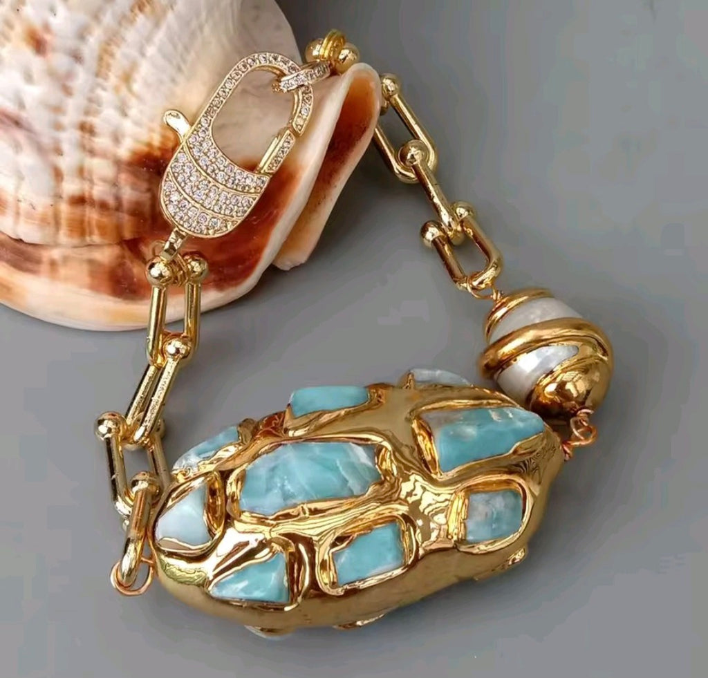 Pulsera Chips de Larimar Azul y Perla Natural
