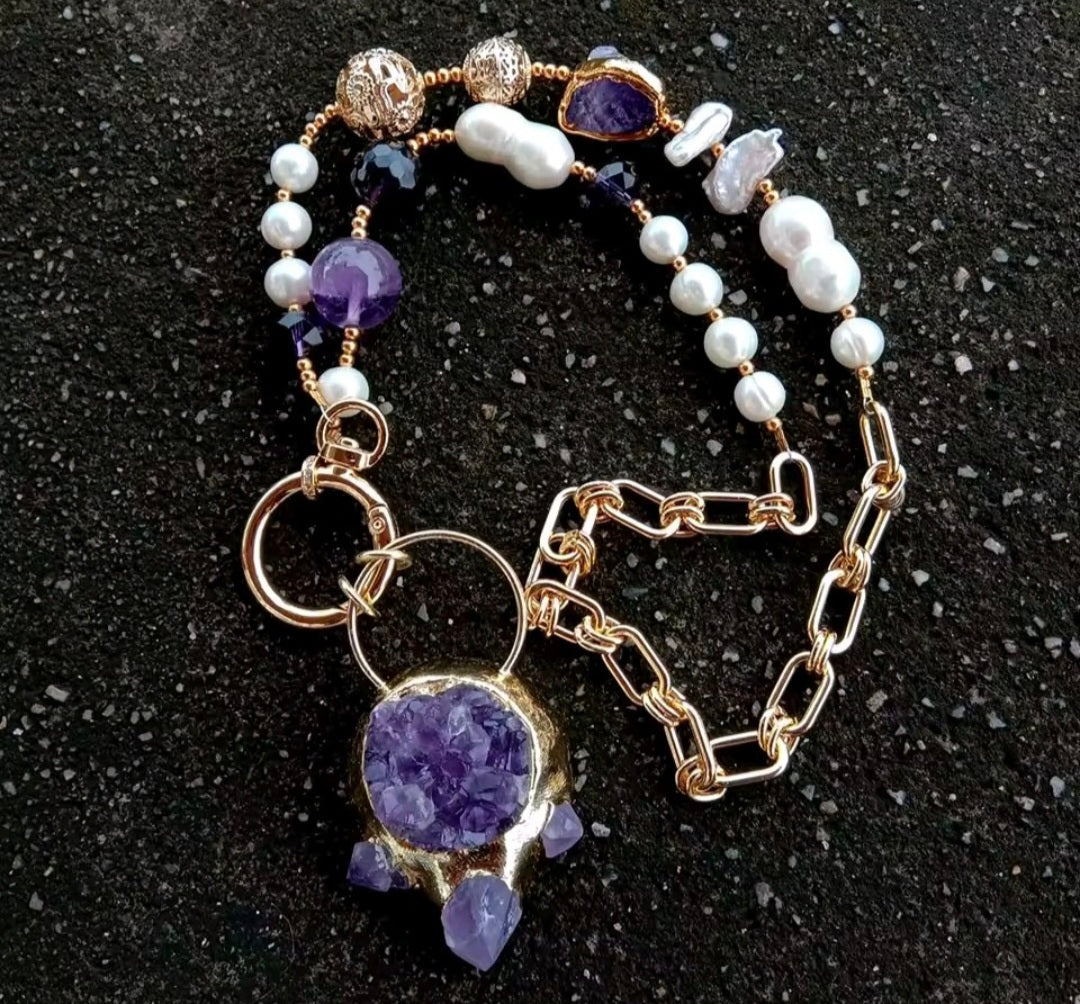 Collar Colgante de Amatista Purpura Natural, Chapado en oro 18k con Perlas Cultivadas Naturales