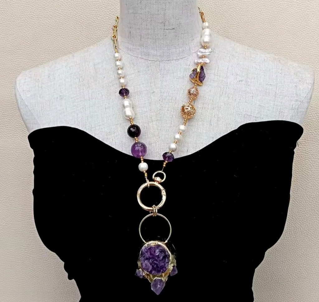 Collar Colgante de Amatista Purpura Natural, Chapado en oro 18k con Perlas Cultivadas Naturales