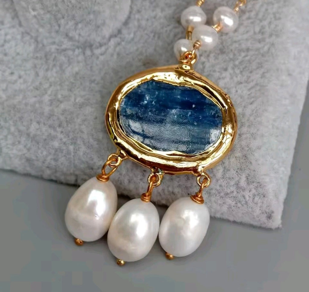 Collar Perlas Naturales Cultivadas en Agua Dulce Colgante en Perla Arroz Cianita Azul
