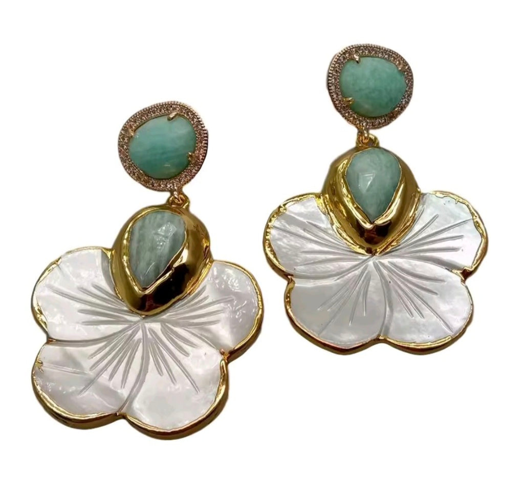 Set Pulsera y Pantalla Shell Flower Perlas Naturales Piedra Turquesa