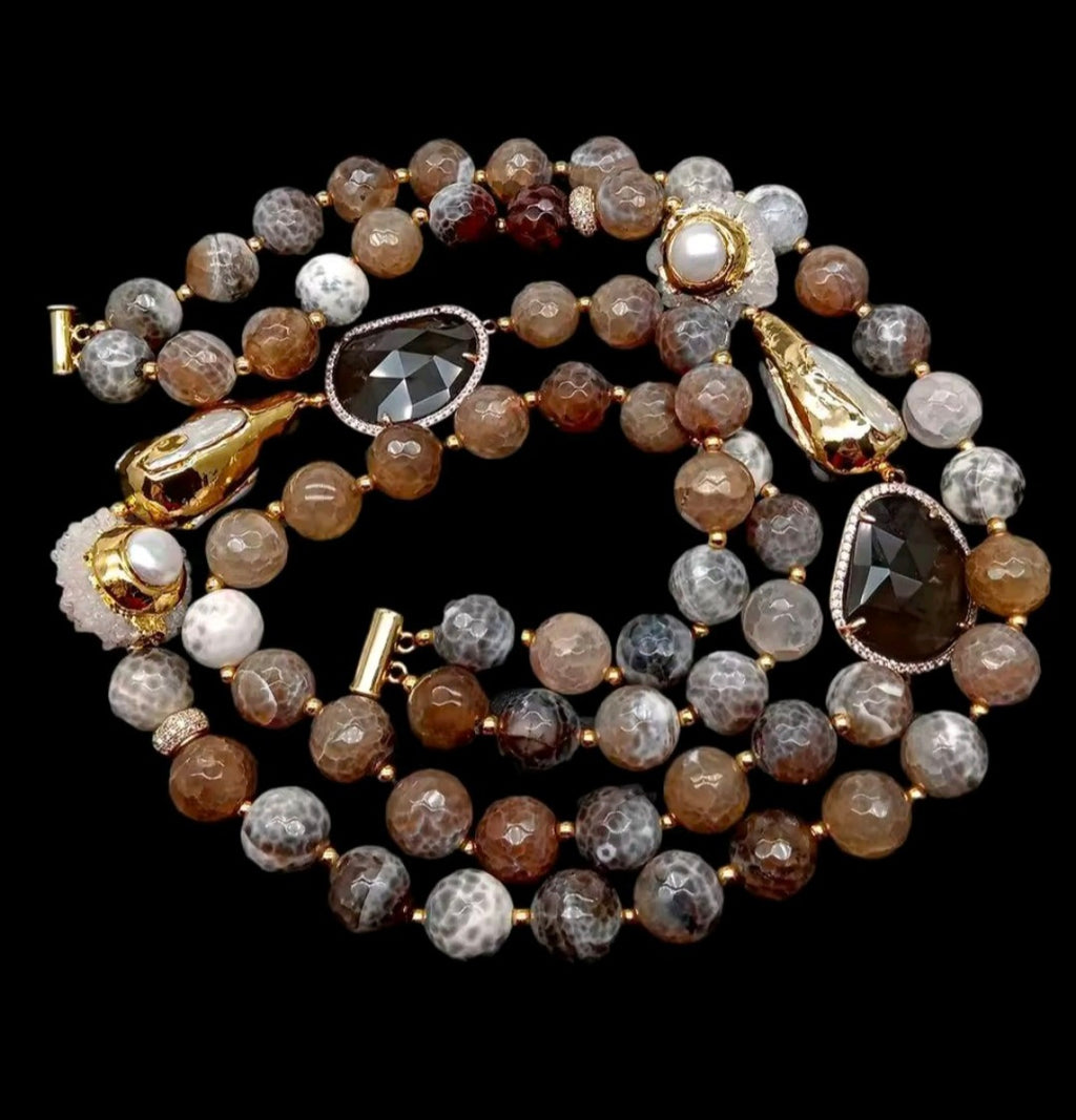 Set Collar y Pulsera Agatas de Fuego, Perla, Cuarzo