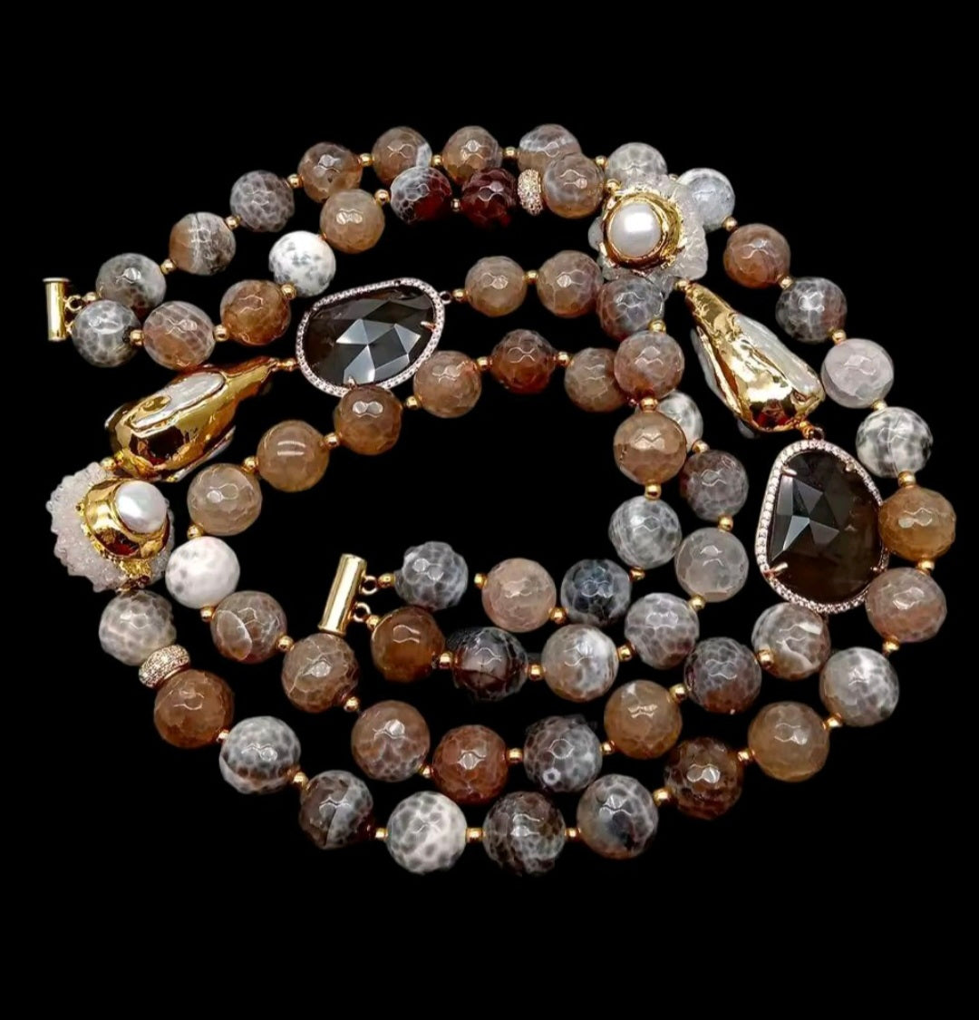 Set Collar y Pulsera Agatas de Fuego, Perla, Cuarzo