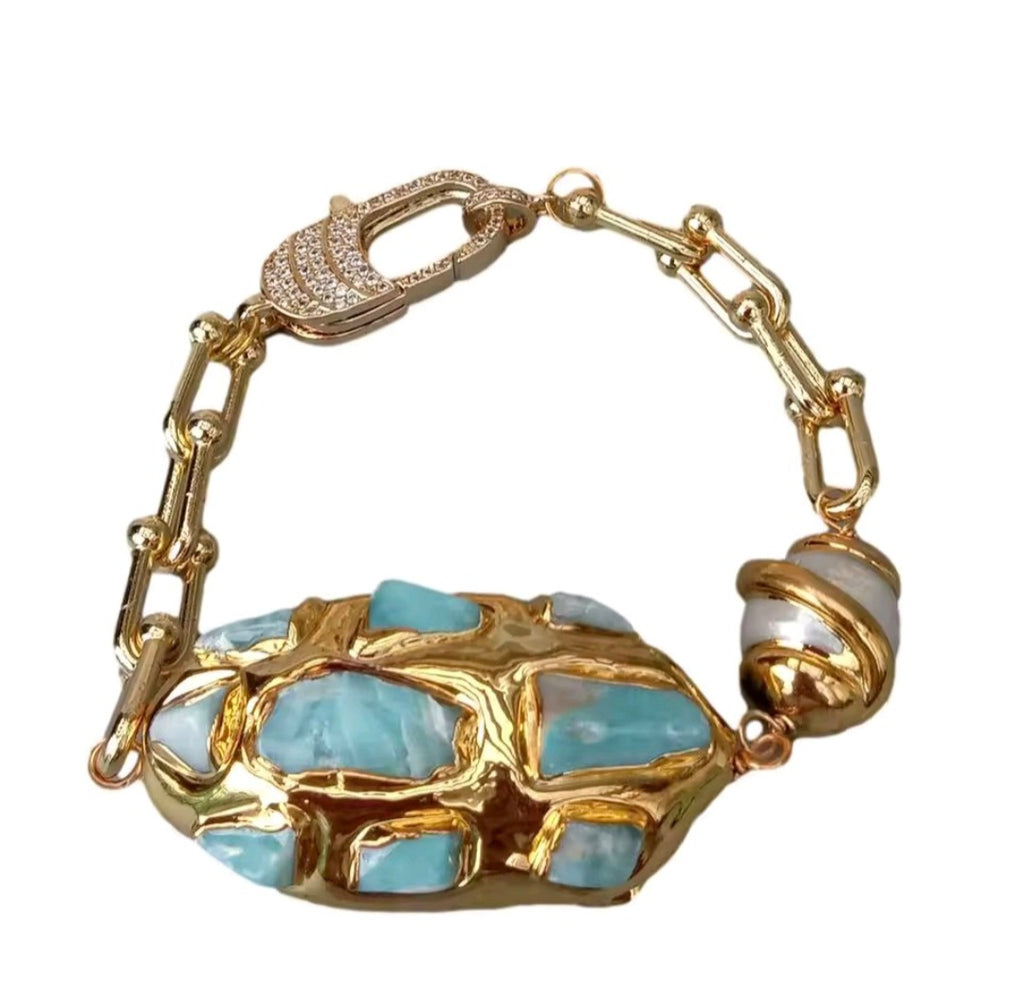 Pulsera Chips de Larimar Azul y Perla Natural