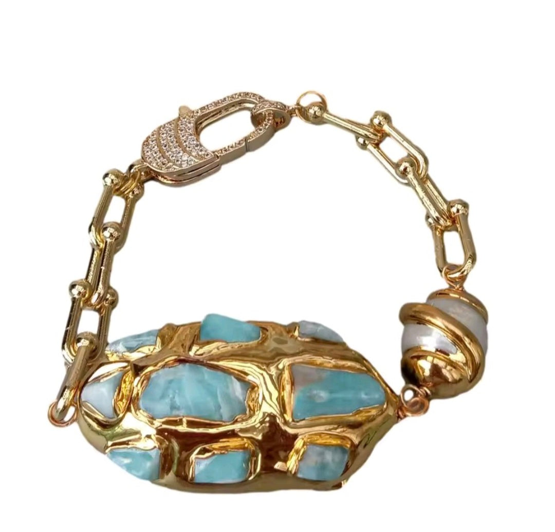 Pulsera Chips de Larimar Azul y Perla Natural