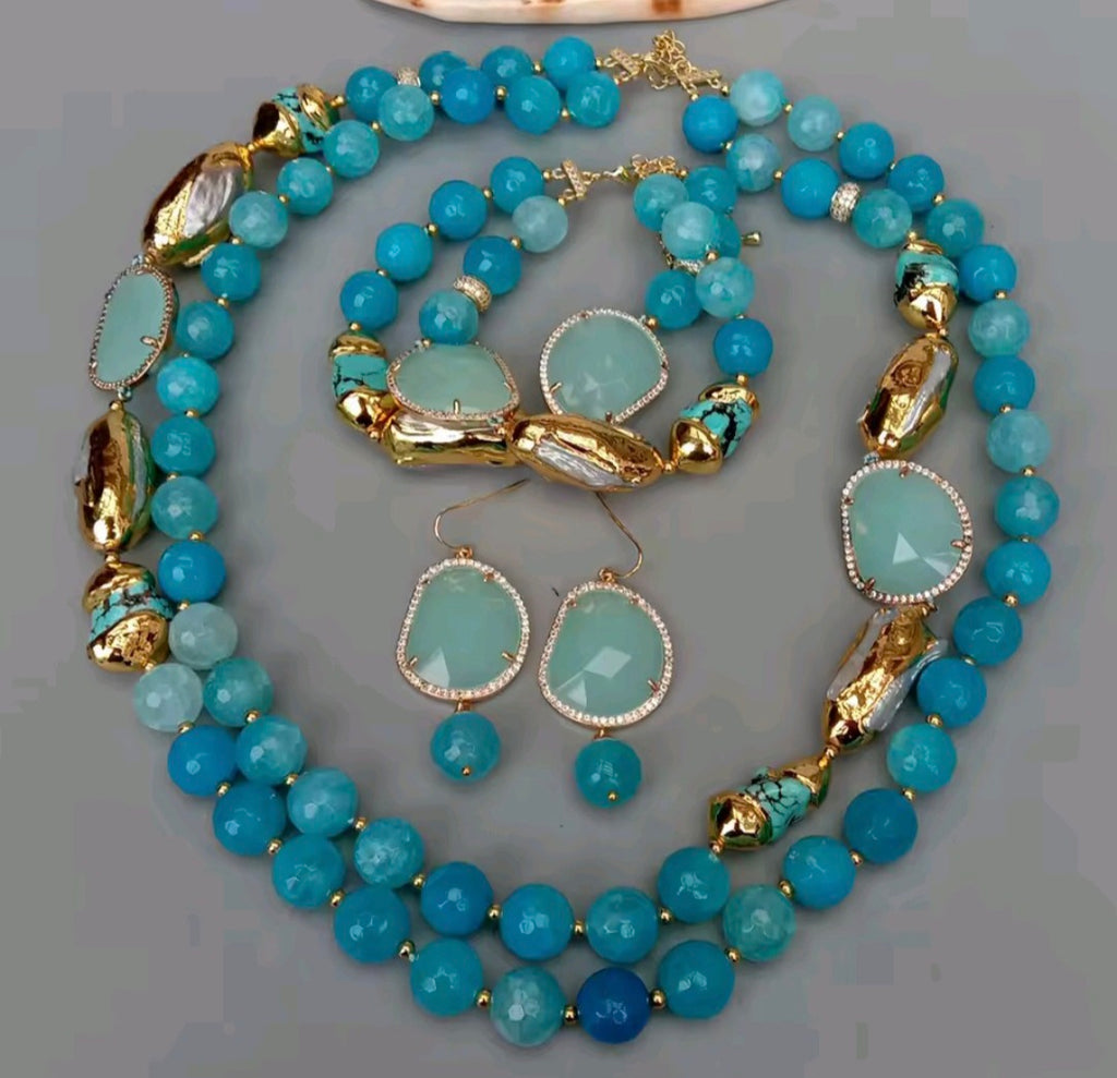 Set Pulsera, Collar, Pantallas Perlas Naturales Cultivadas, Agata Azul Facetada