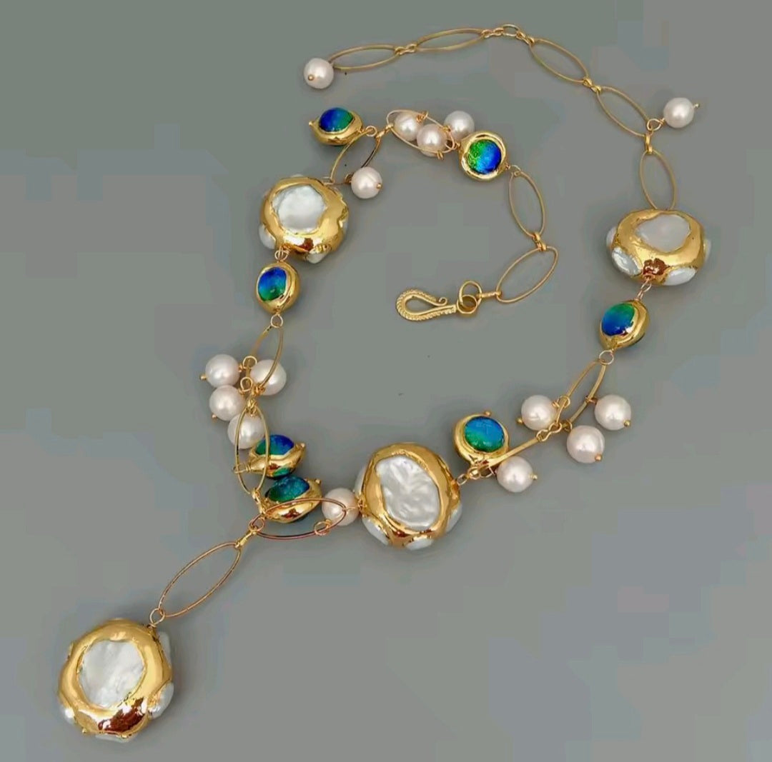 Crital Murano Azul Perlas de Agua Dulce Necklace