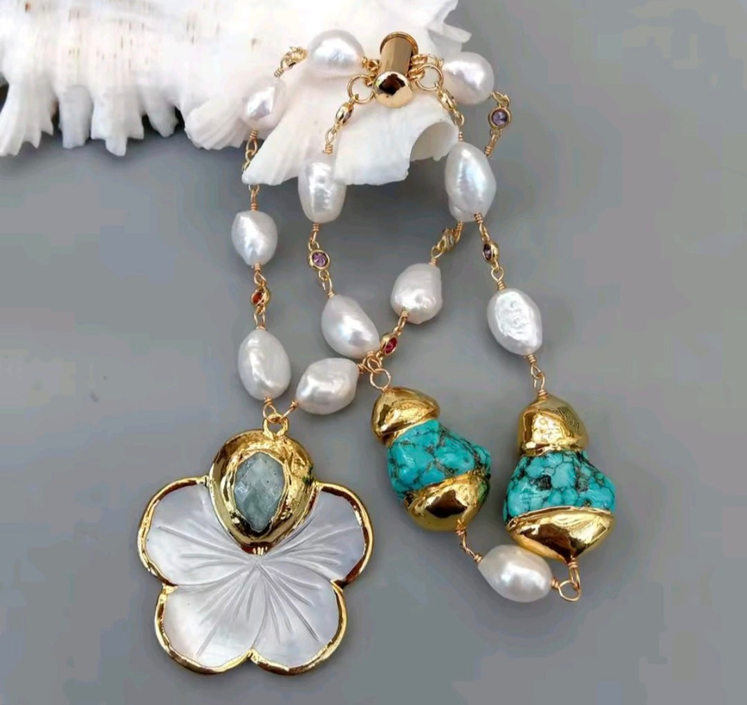 Set Pulsera y Pantalla Shell Flower Perlas Naturales Piedra Turquesa
