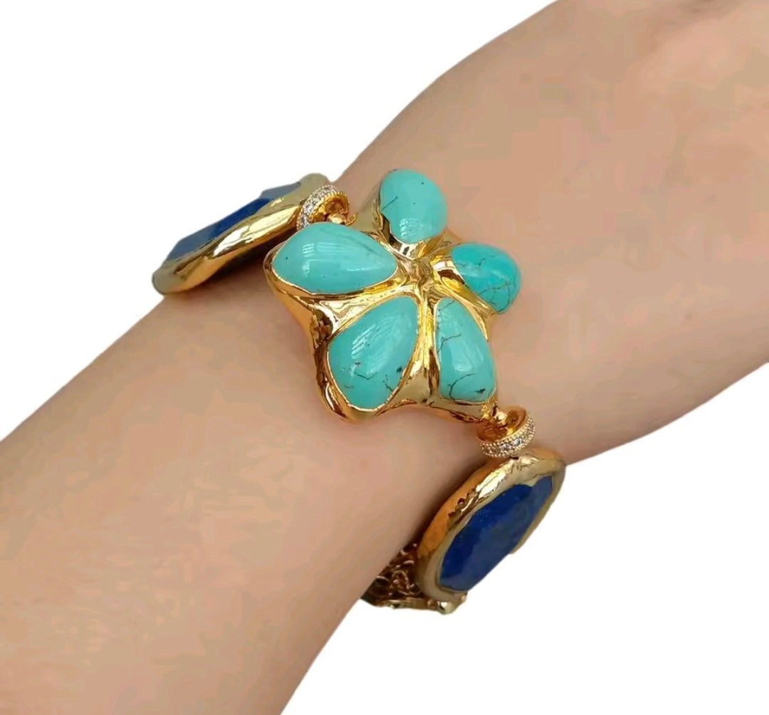 Set Collar y Pulsera Facetado Flor Turquesa