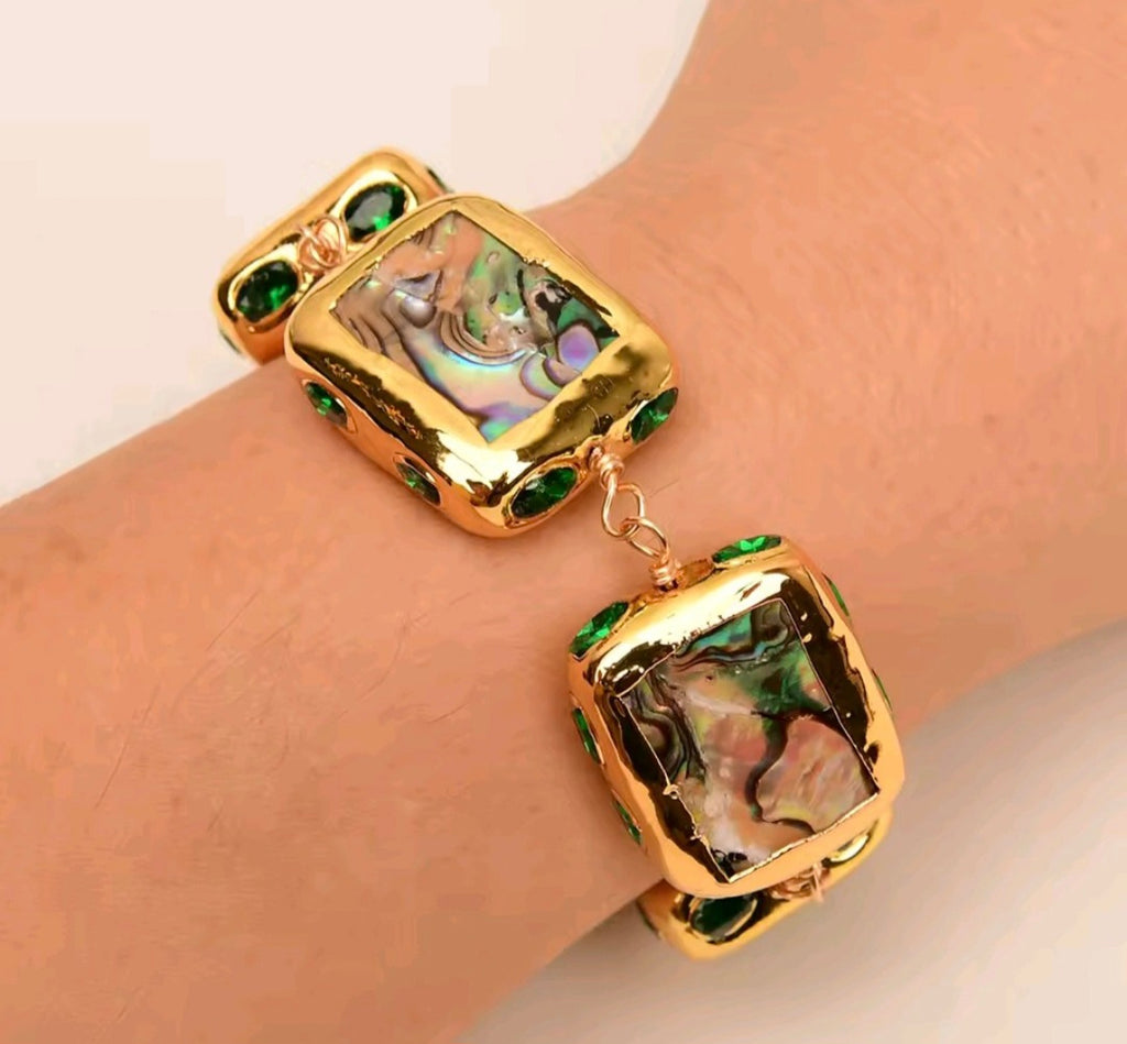 Set Collar y Pulsera Cuentas Envueltas en Cristal Verde y Concha de Abulón Arcoiris Chapado en oro 18k