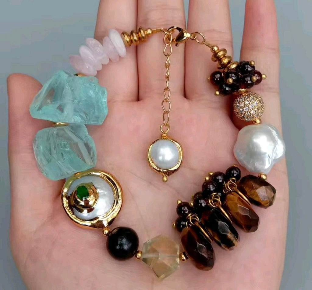 Set Pantalla y Pulsera Cuarzo Rosa, Perla de Agua Dulce Natural y Ojo de Tiguere