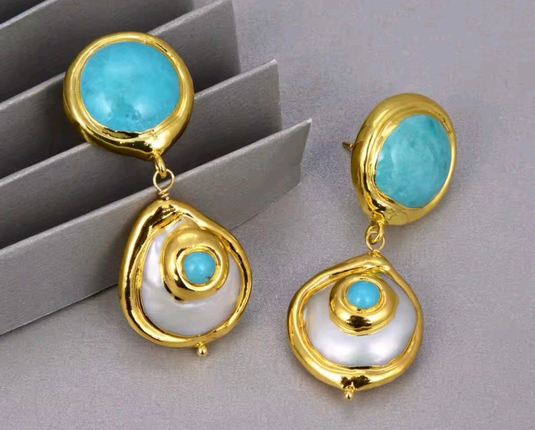 Set Moneda Barroca Cultivada Natural,Perla Natural, Piedra Turquesa