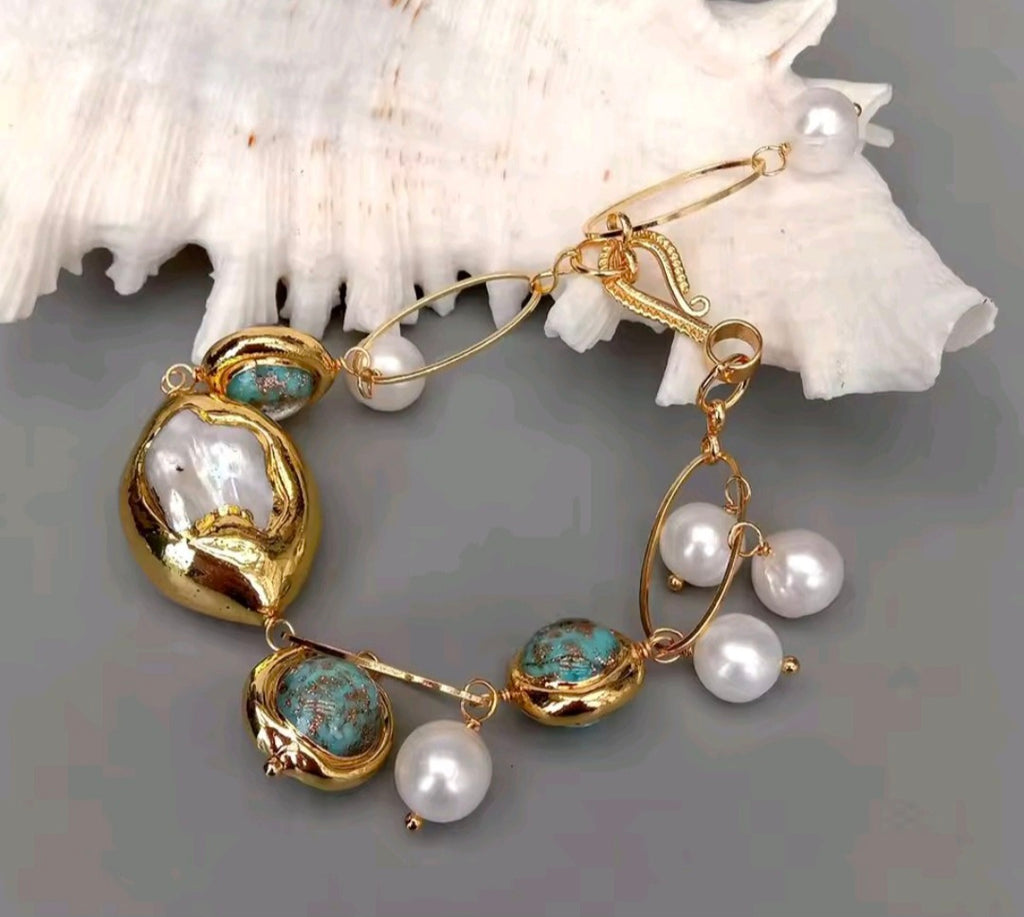 Pulsera cristal Murano Azul concha de Nacar y Perlas Cultivadas Natural
